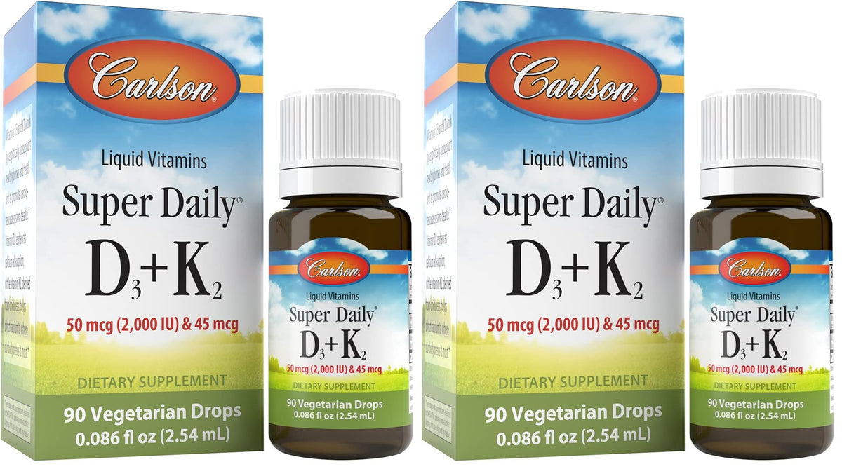 Carlson Super Daily D3 + K2 bottle drops shown for easy daily dosing