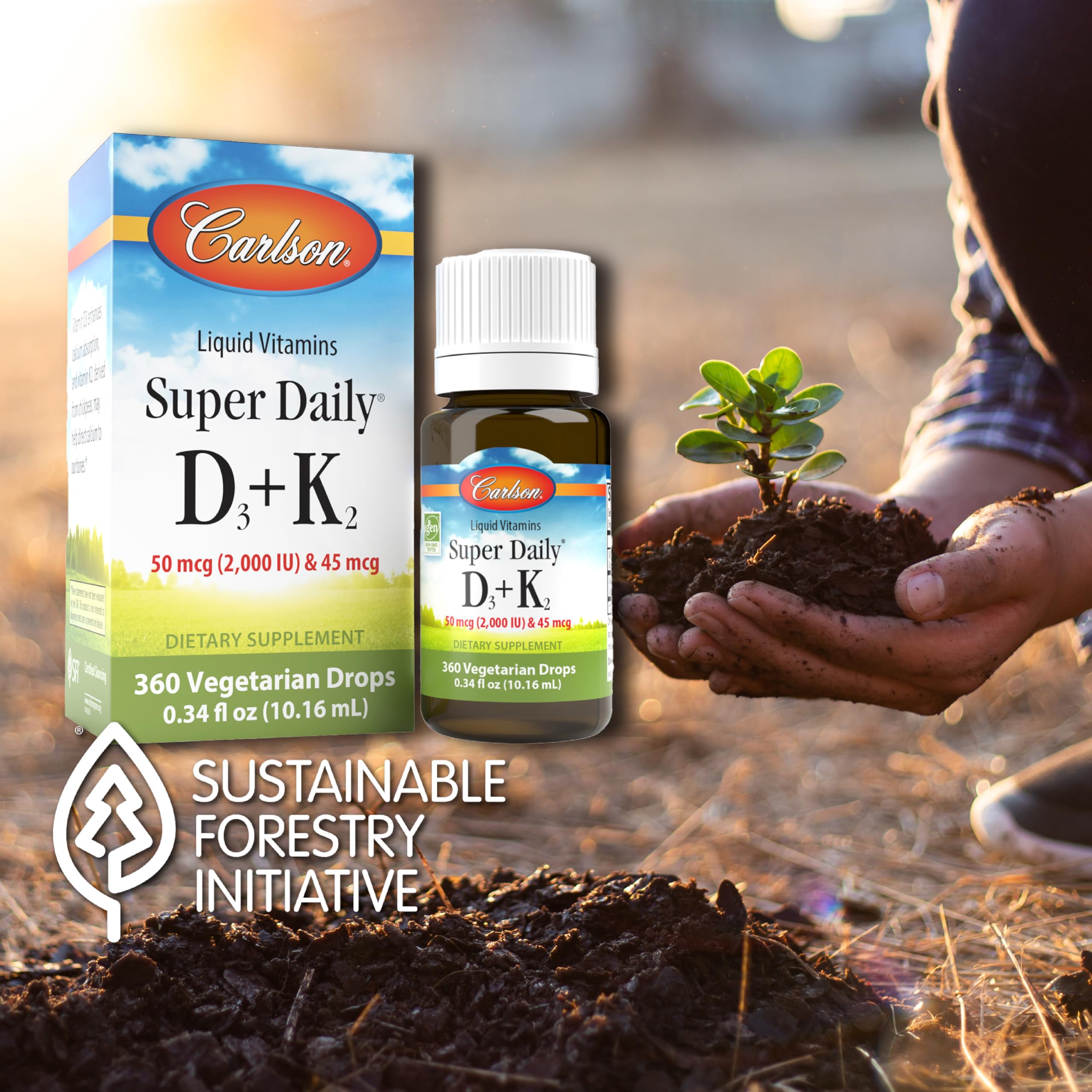 Carlson Super Daily D3 and K2 bottle label close-up highlighting nutrients.