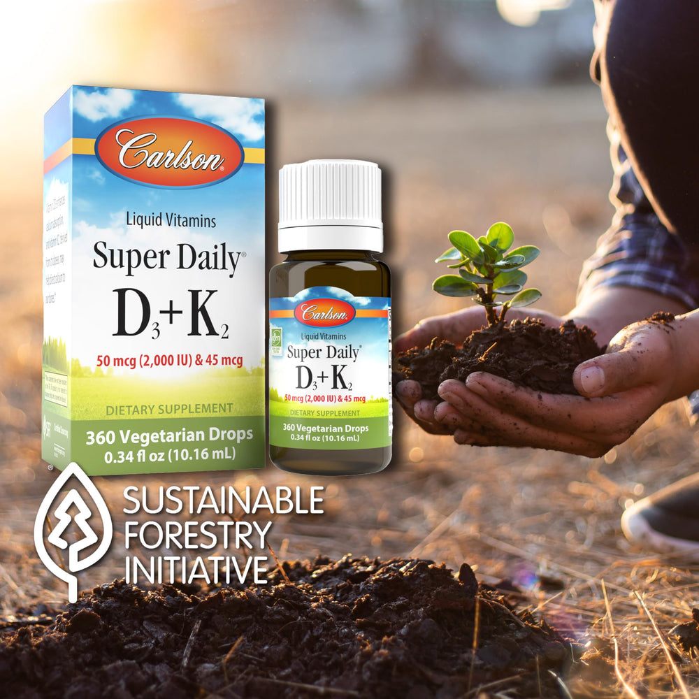 Carlson Super Daily D3 and K2 bottle label close-up highlighting nutrients.
