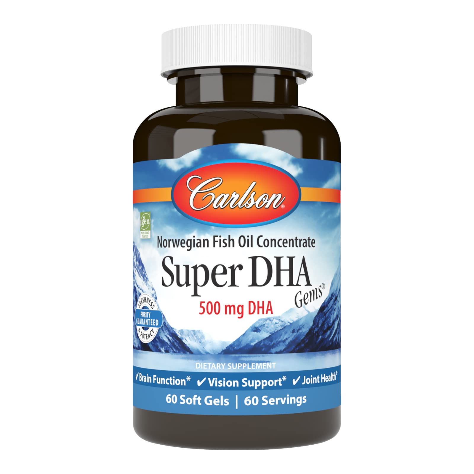 Carlson Super DHA Gems bottle front shows sustainable, wild-caught omega-3.