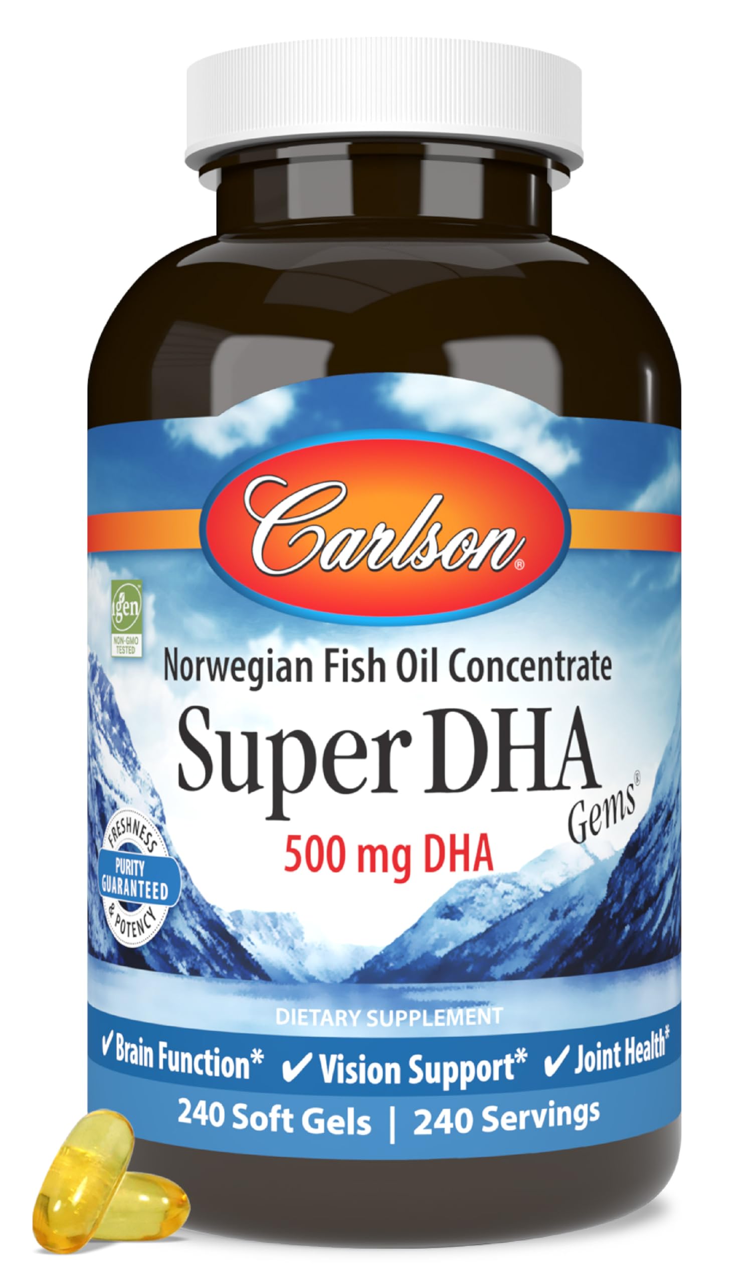 Carlson Super DHA Gems bottle front highlights sustainable sourcing for daily wellness.