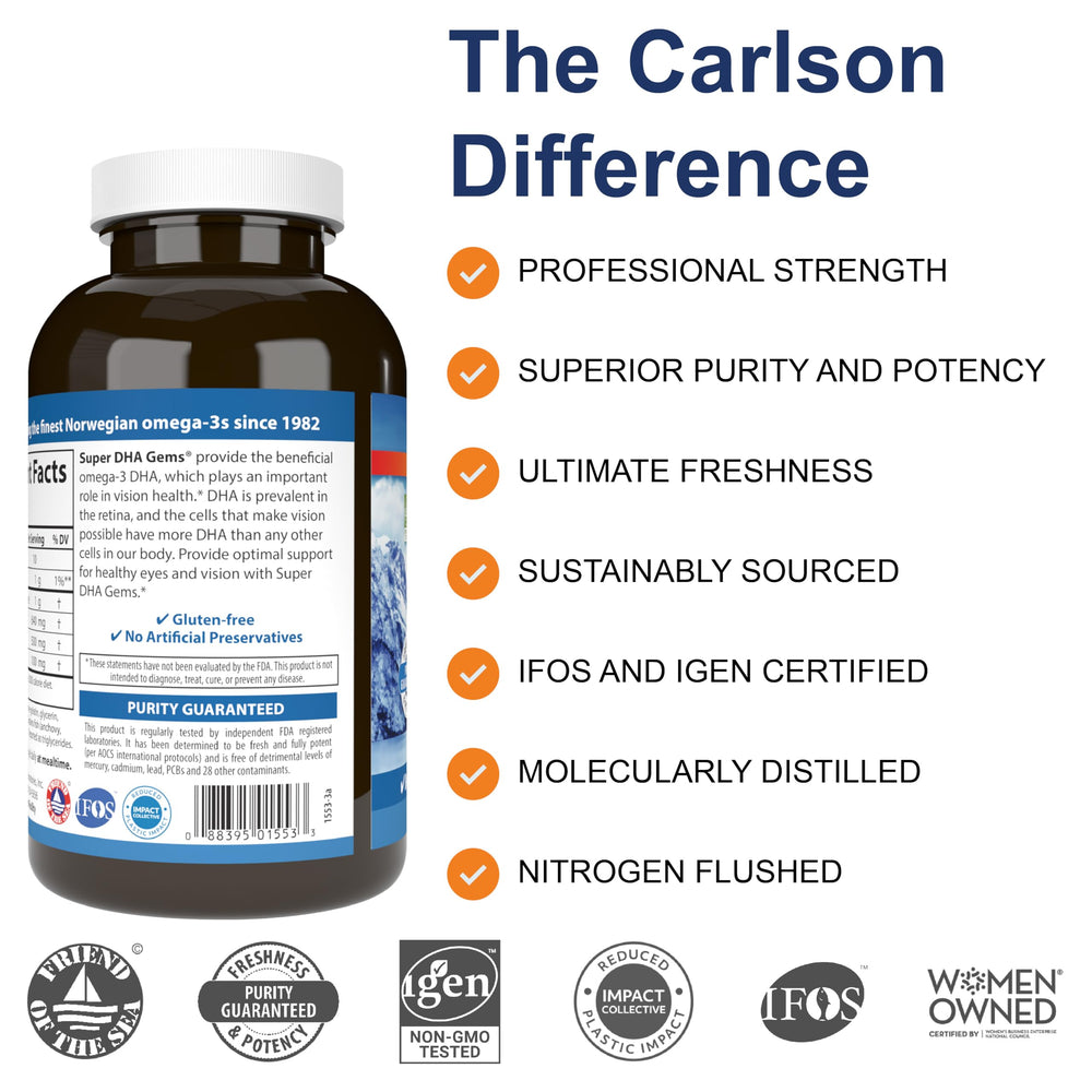 Close-up of Carlson Super DHA Gems softgels for easy daily omega-3 intake.