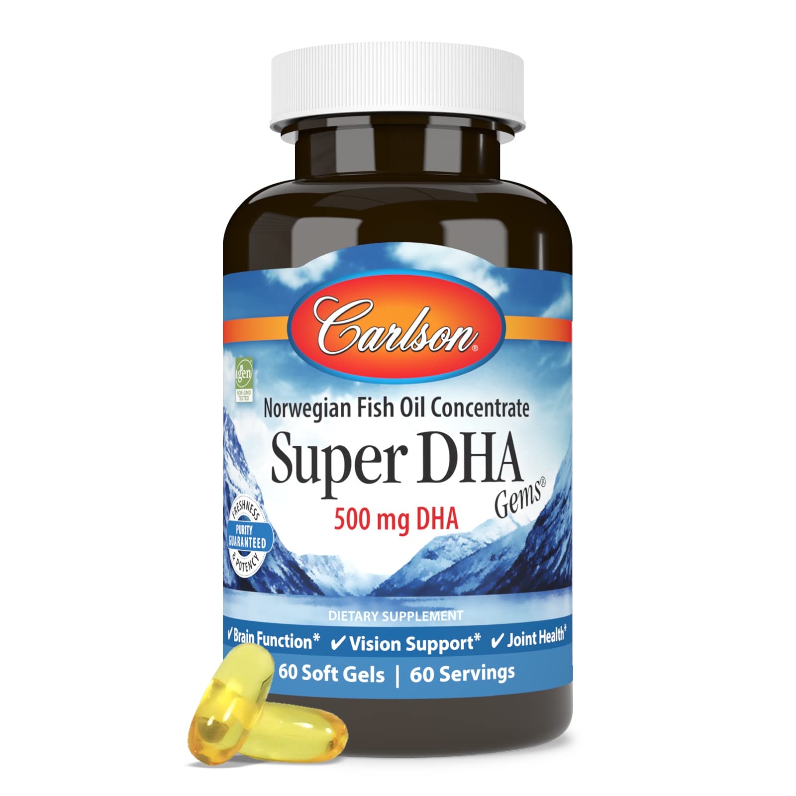 Carlson Super DHA Gems wild-caught source highlights sustainable omega-3 supply.