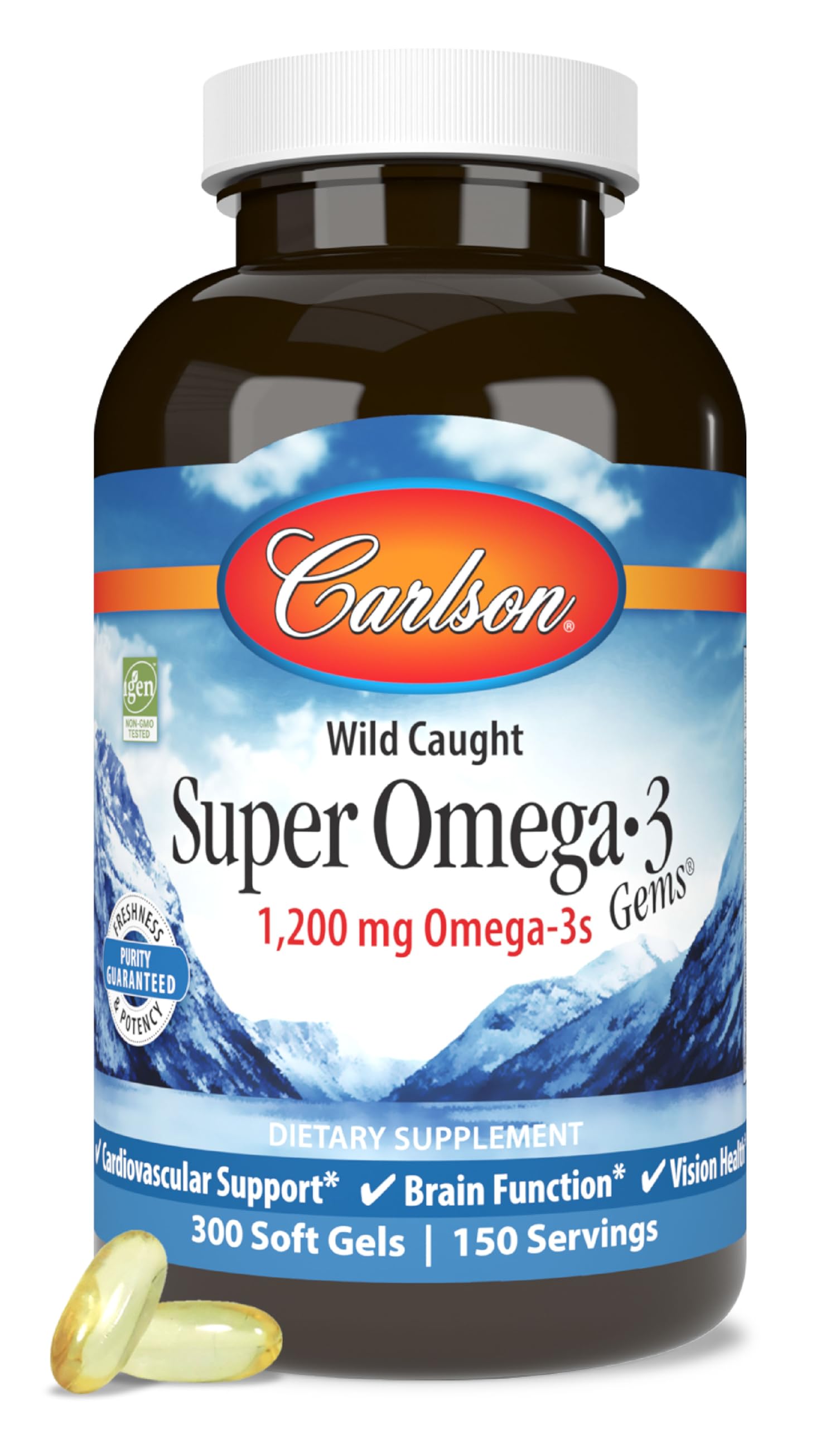 Carlson Super Omega-3 Gems bottle front view, highlighting high EPA and DHA.