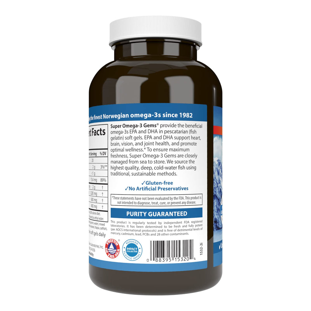Carlson Omega-3 Gems label emphasizes wild-caught, sustainably sourced ingredients.