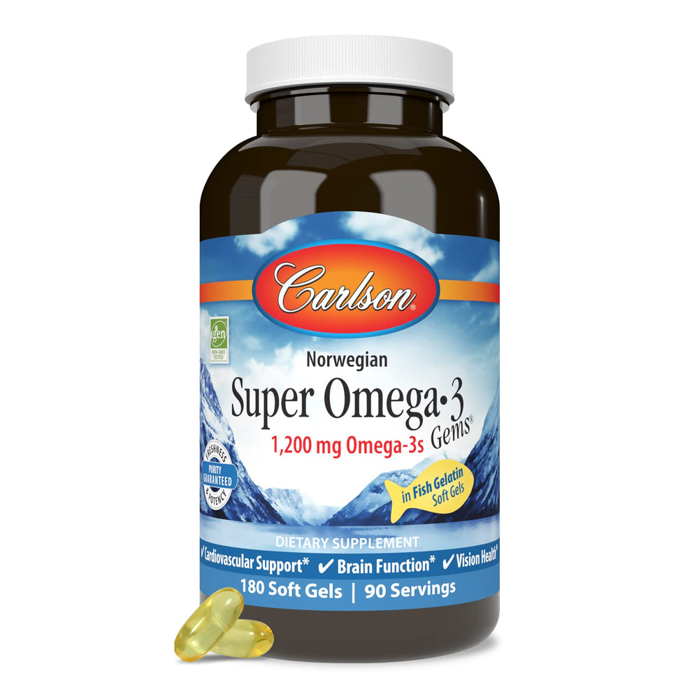 Pouring Carlson Omega-3 Gems soft gels into hand for daily use.