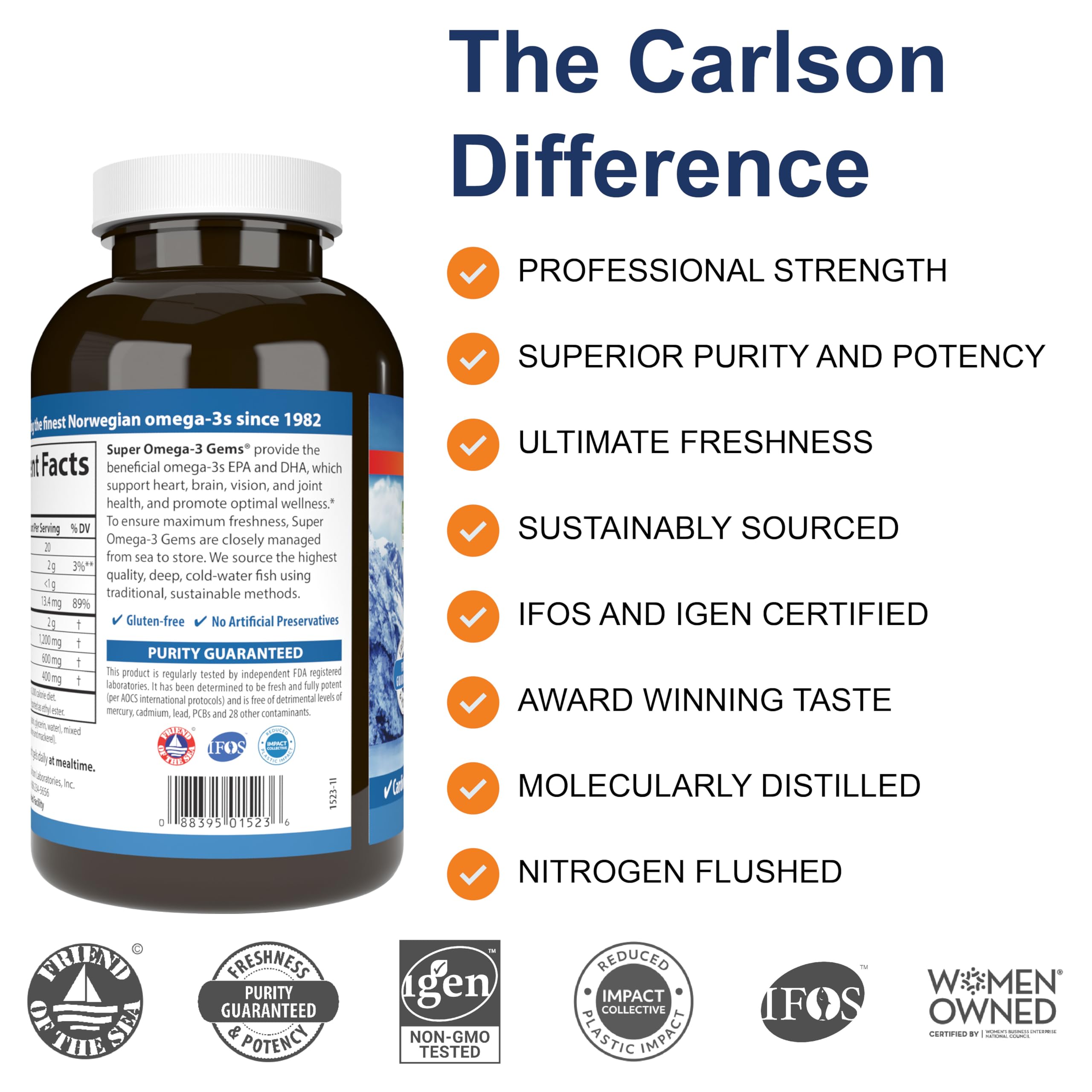 Carlson Super Omega-3 Gems softgels closeup, easy-to-swallow capsules for daily support.