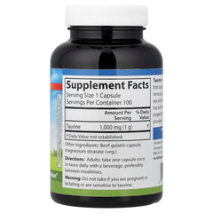Carlson Taurine bottle close-up highlighting 1 g capsules and antioxidant support.