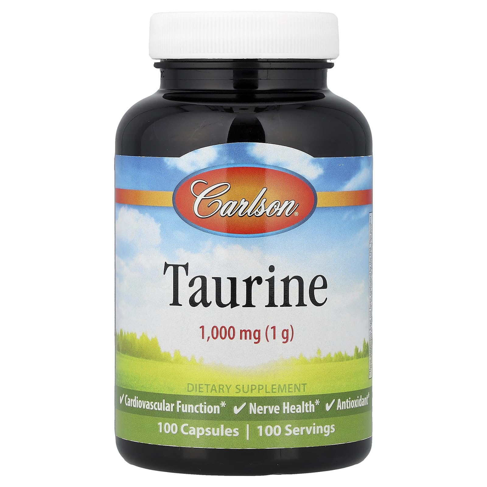 Carlson Taurine capsule close-up for nervous system support.