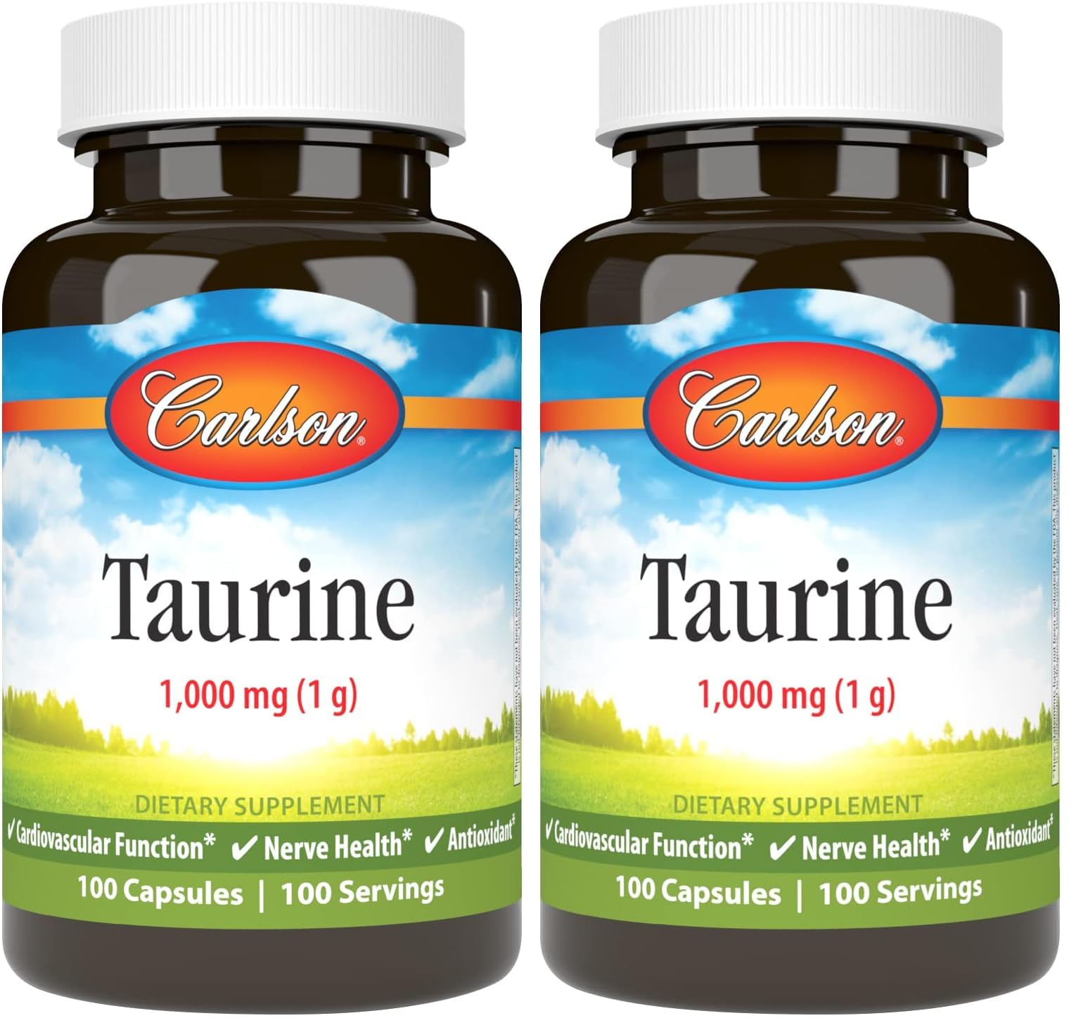 Carlson Taurine capsules bottle front, highlighting 1 g per capsule for daily nerve health support.