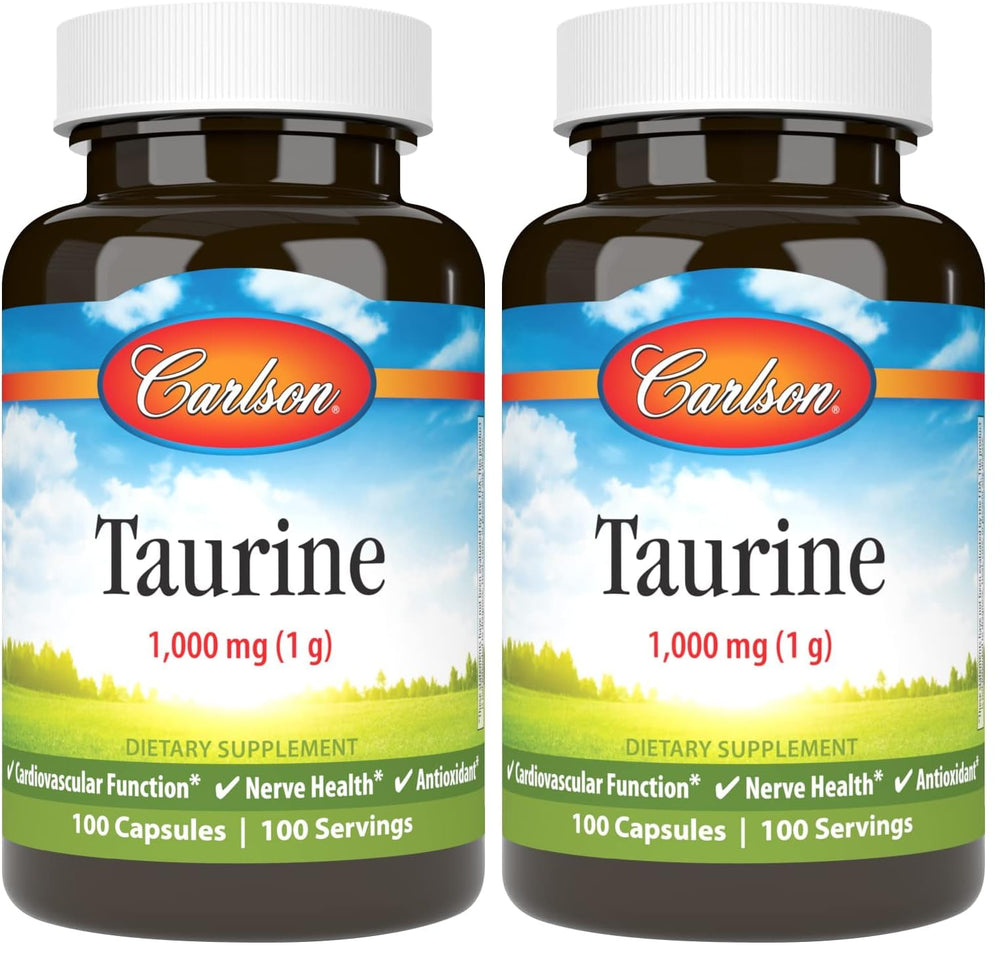 Carlson Taurine capsules bottle front, highlighting 1 g per capsule for daily nerve health support.