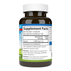 Carlson Taurine bottle label closeup highlighting antioxidant support.