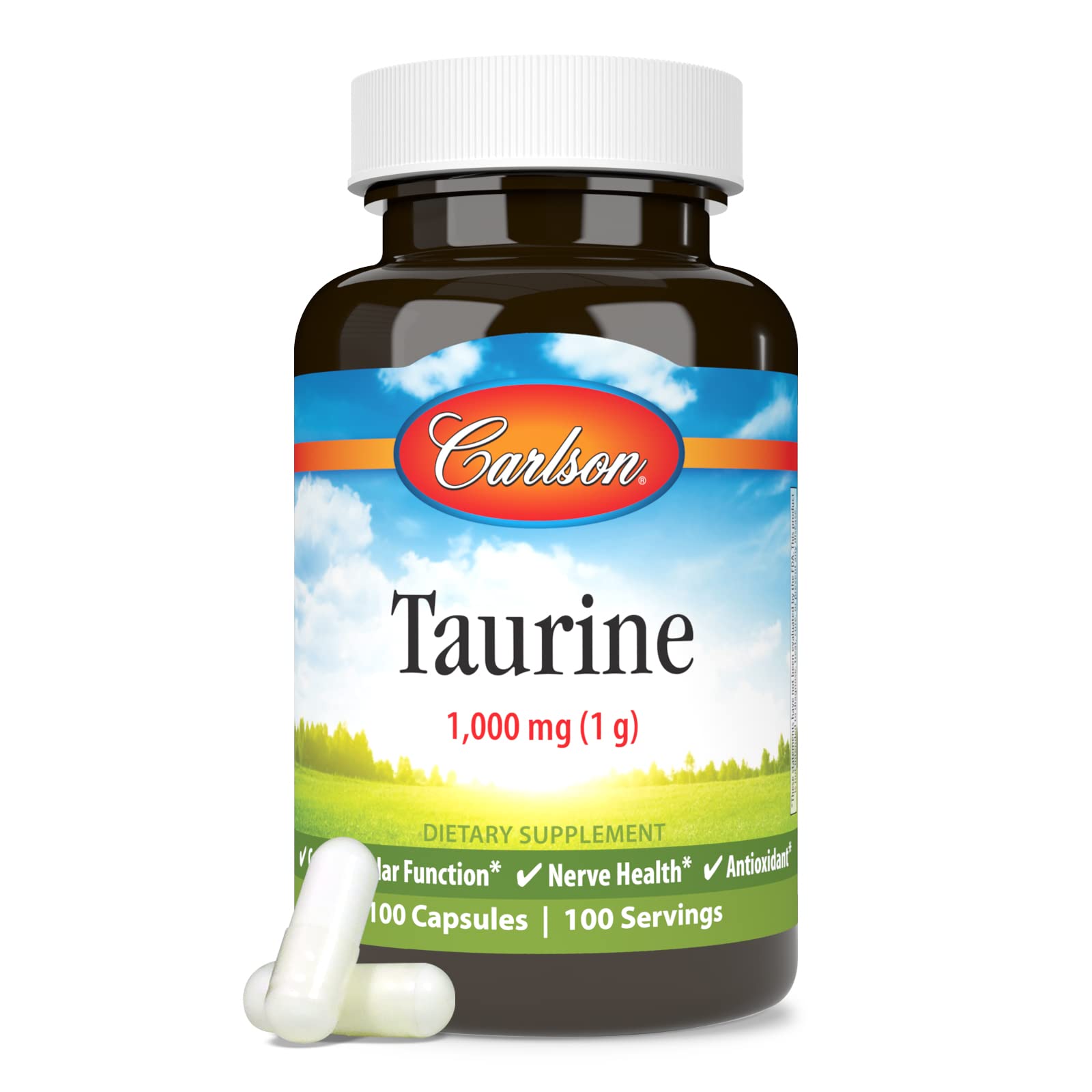 Carlson Taurine daily-use setup with a glass of water on a clean surface.