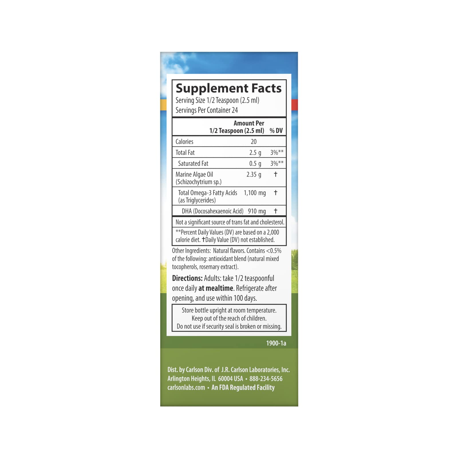 Carlson Vegetarian DHA half-teaspoon dosing shows convenient daily intake.