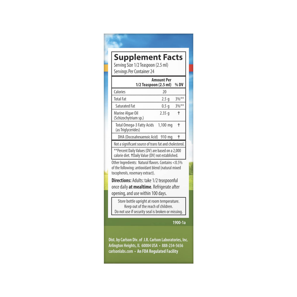 Carlson Vegetarian DHA half-teaspoon dosing shows convenient daily intake.