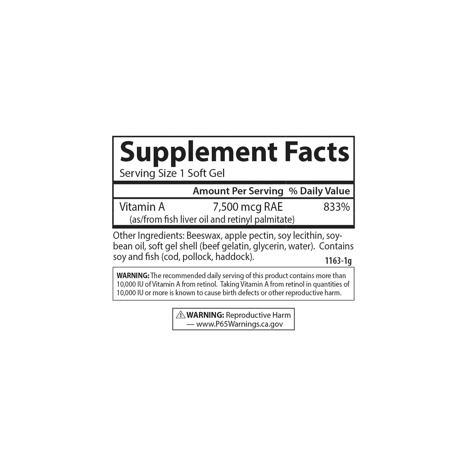 Detail of Carlson Vitamin A label highlighting potency and ingredients.