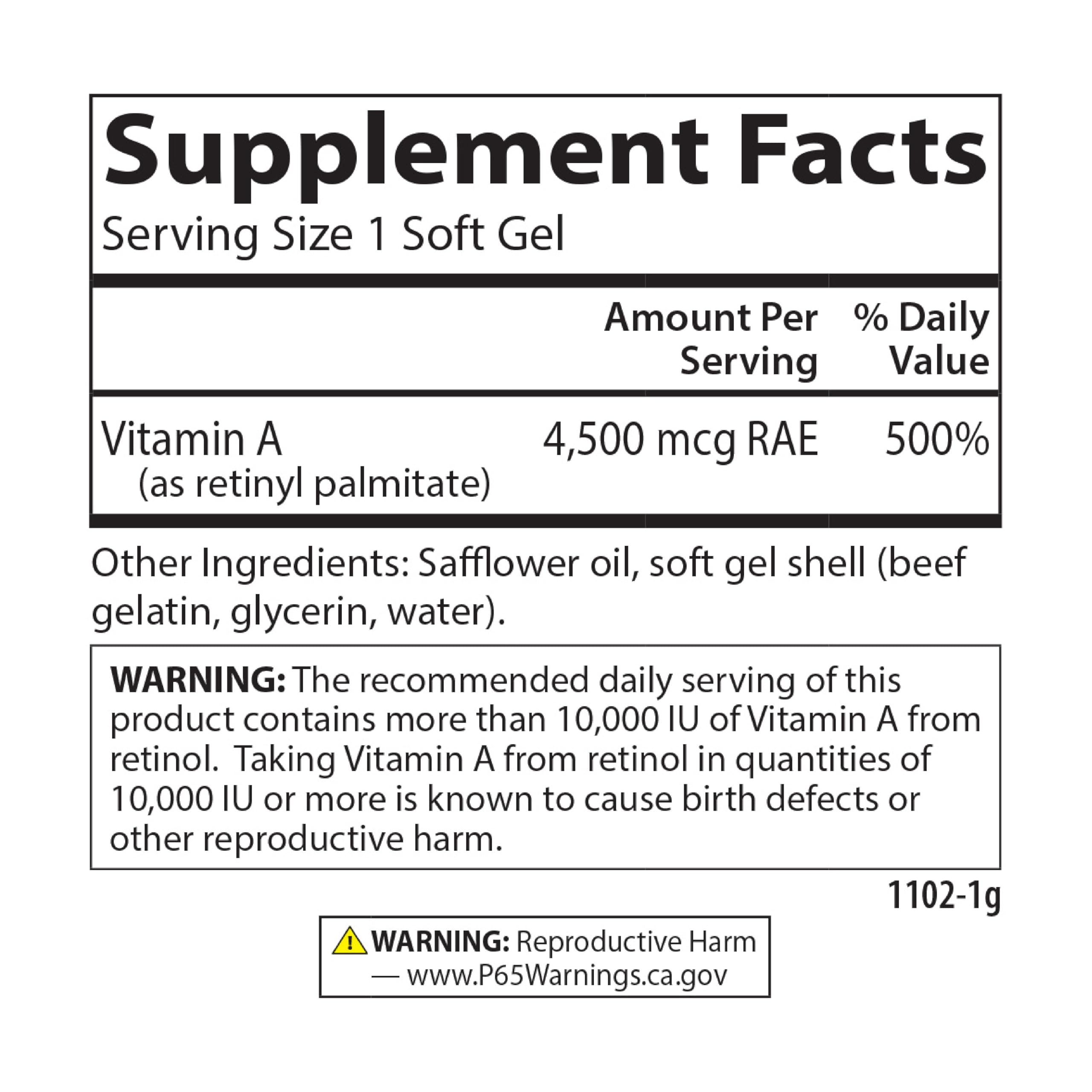 Health benefits icons associated with Carlson Vitamin A Palmitate softgels