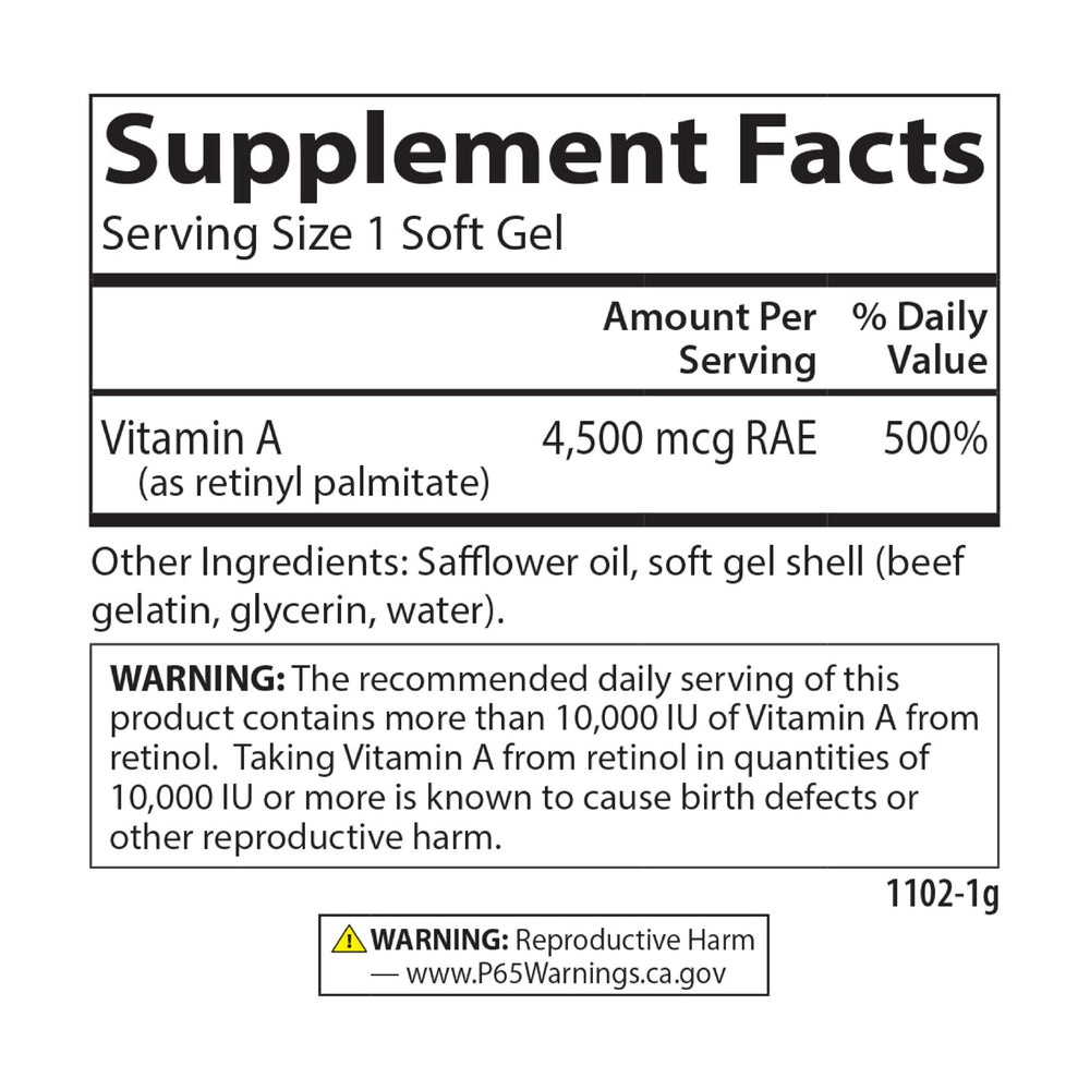 Health benefits icons associated with Carlson Vitamin A Palmitate softgels