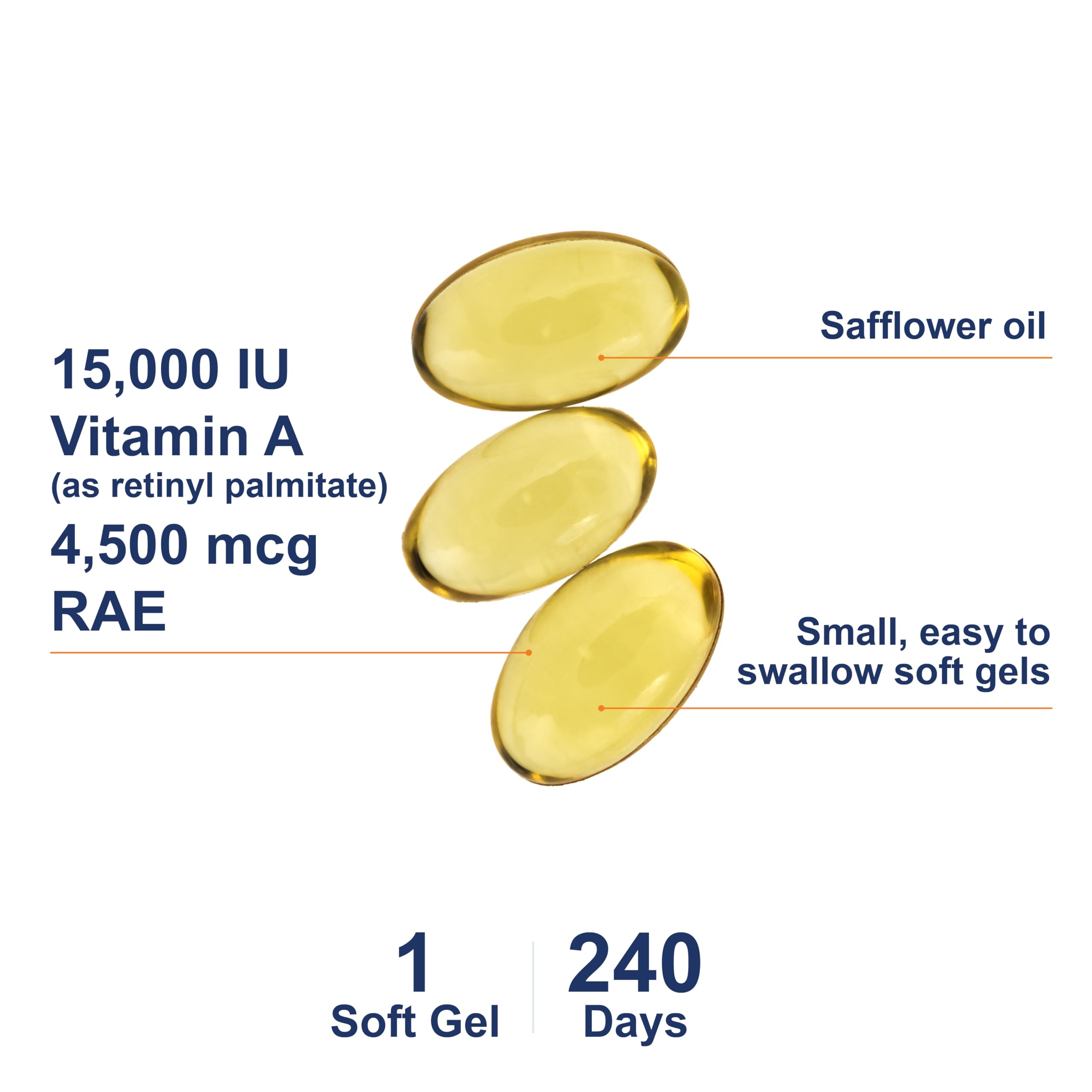 Front label of Carlson Vitamin A Palmitate highlighting potency and testing