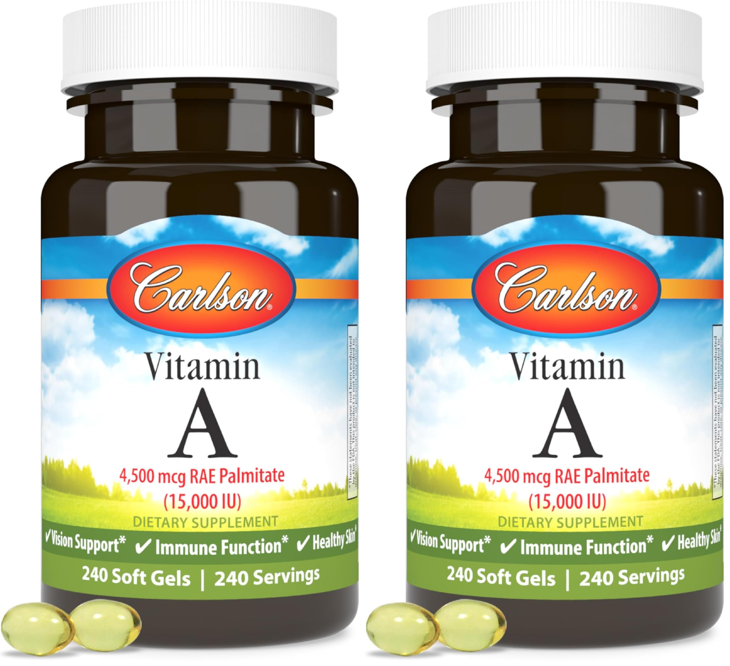 Carlson Vitamin A Palmitate softgels bottle showing 15,000 IU for vision support and skin health