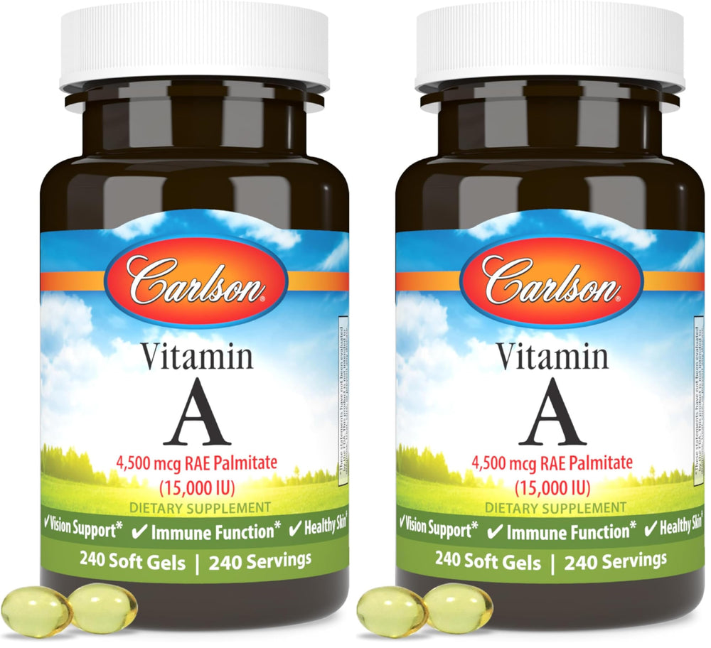 Carlson Vitamin A Palmitate softgels bottle showing 15,000 IU for vision support and skin health