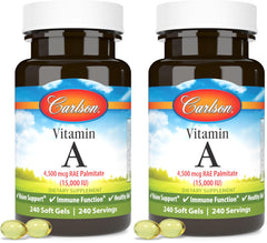 Carlson Vitamin A Palmitate softgels bottle showing 15,000 IU for vision support and skin health