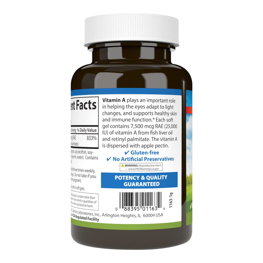 Carlson Vitamin A bottle of softgels shown for daily use.