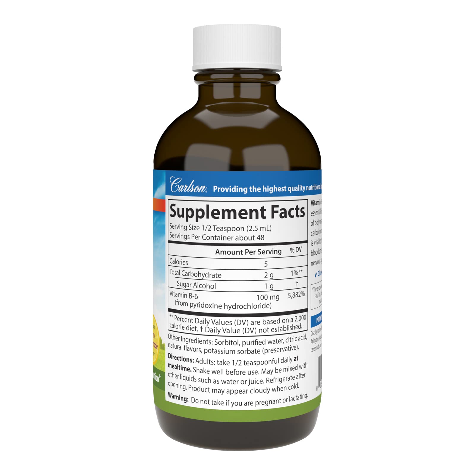 Carlson Vitamin B-6 Liquid bottle label shows ingredients and dosage
