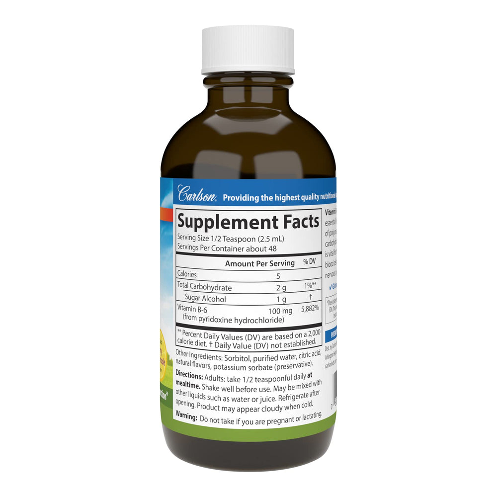 Carlson Vitamin B-6 Liquid bottle label shows ingredients and dosage