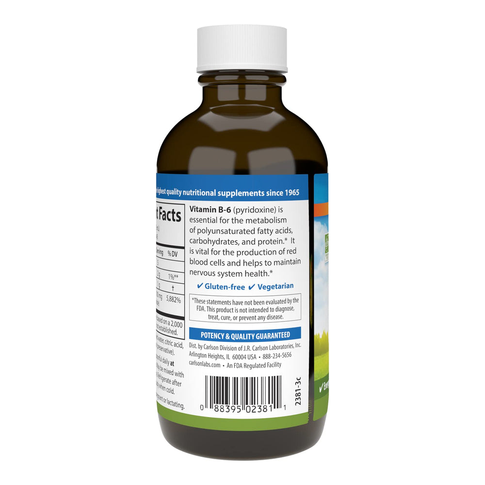 Carlson Vitamin B-6 Liquid droplet closeup highlighting liquid form and potency