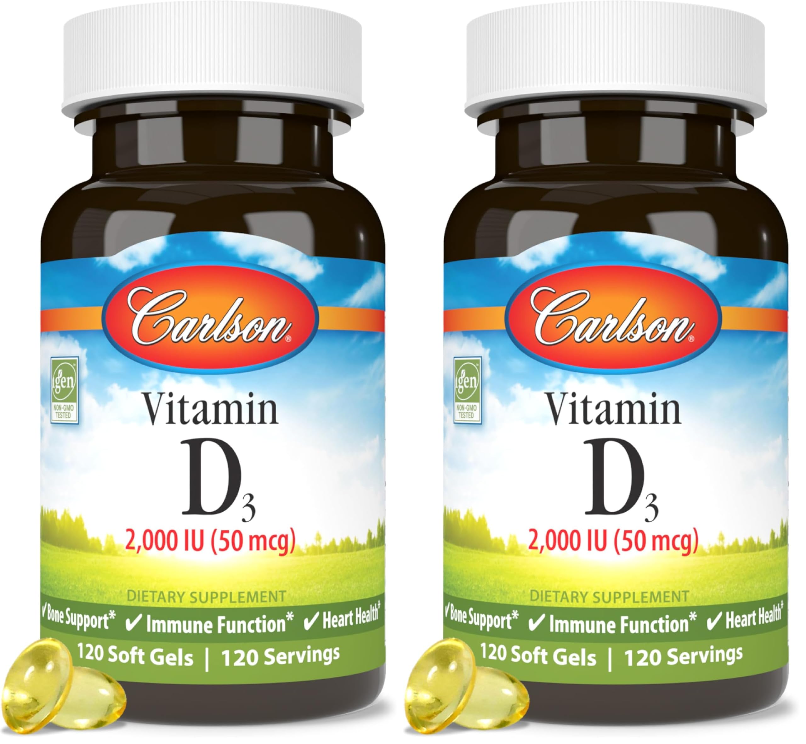 Carlson Vitamin D 2000 IU softgels bottle front view for daily routine.