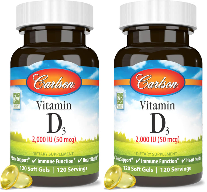 Carlson Vitamin D 2000 IU softgels bottle front view for daily routine.