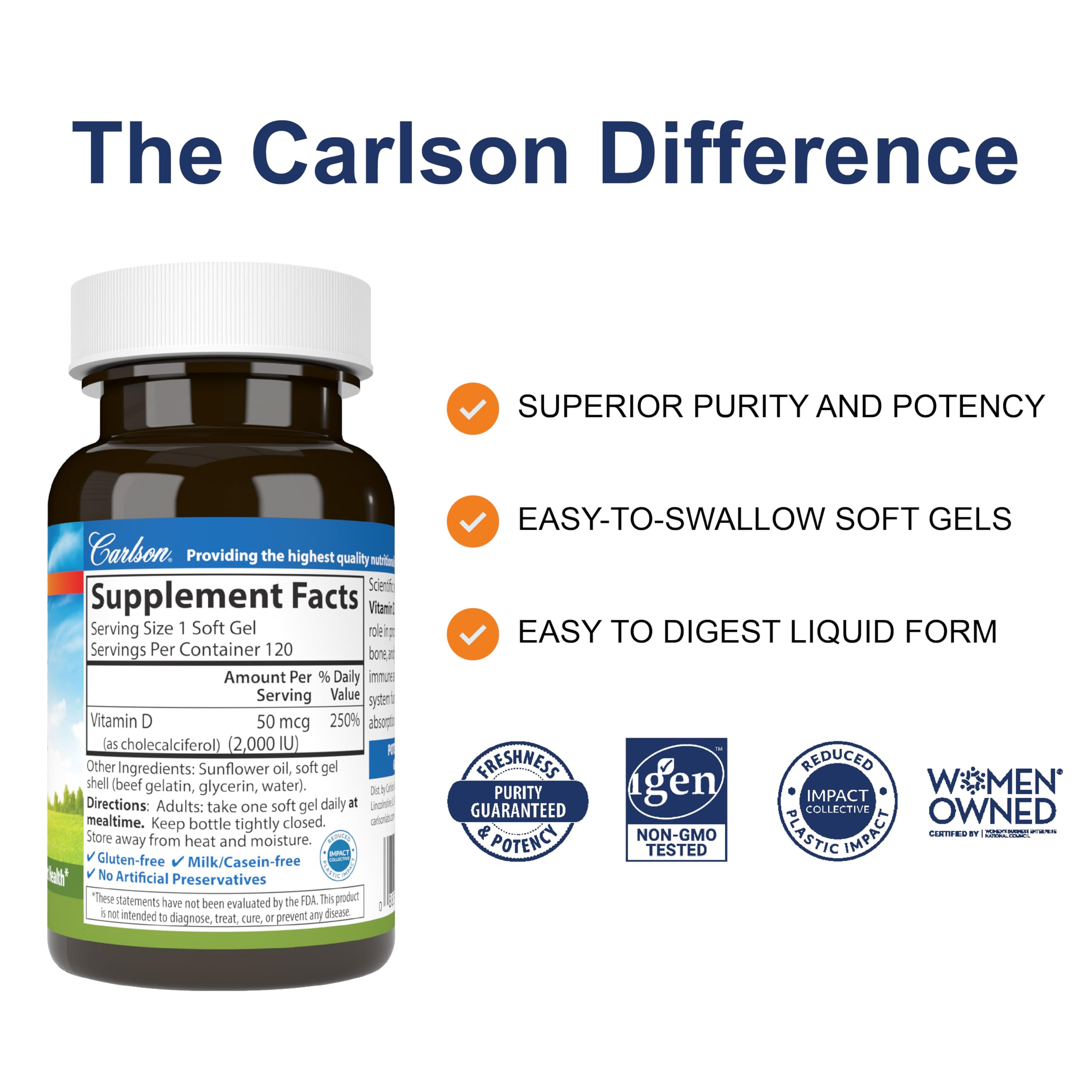 Carlson Vitamin D 2000 IU softgels close-up showing smooth capsules.