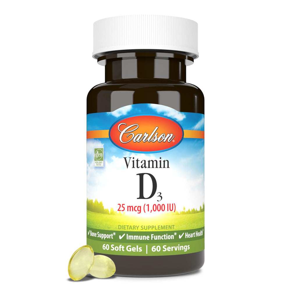 Carlson Vitamin D3 soft gels bottle front view for bone health support.