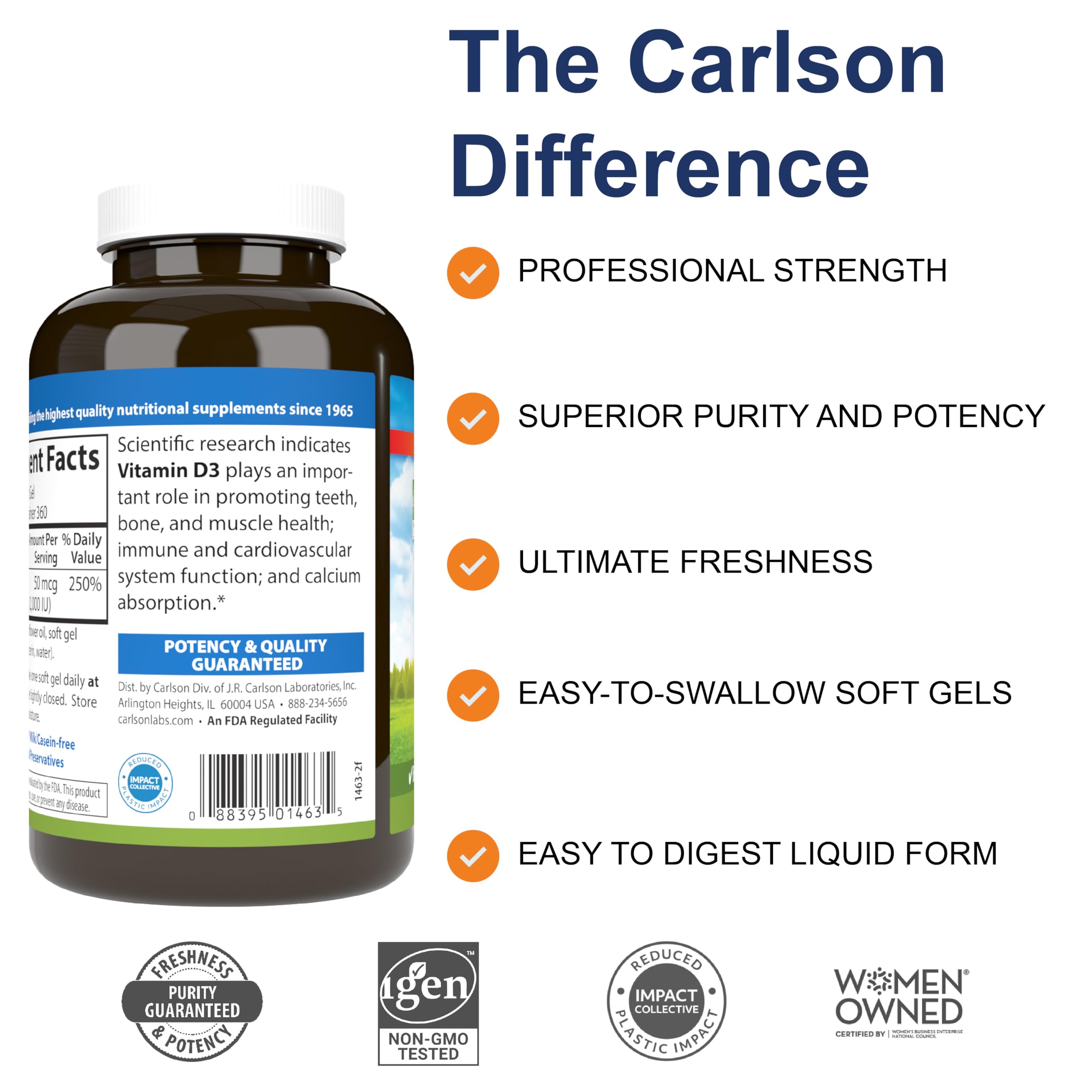 Close-up of Carlson D3 softgel capsules for daily bone support.