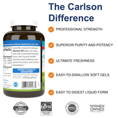 Close-up of Carlson D3 softgel capsules for daily bone support.
