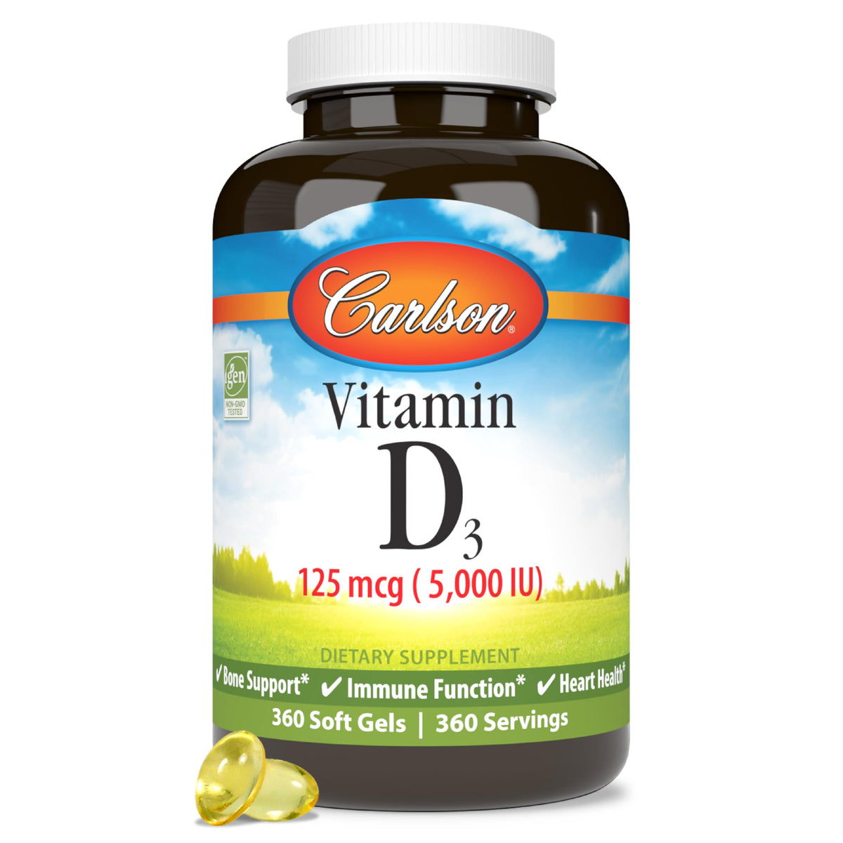 Carlson Vitamin D3 softgel bottle ready for daily bone and muscle support.