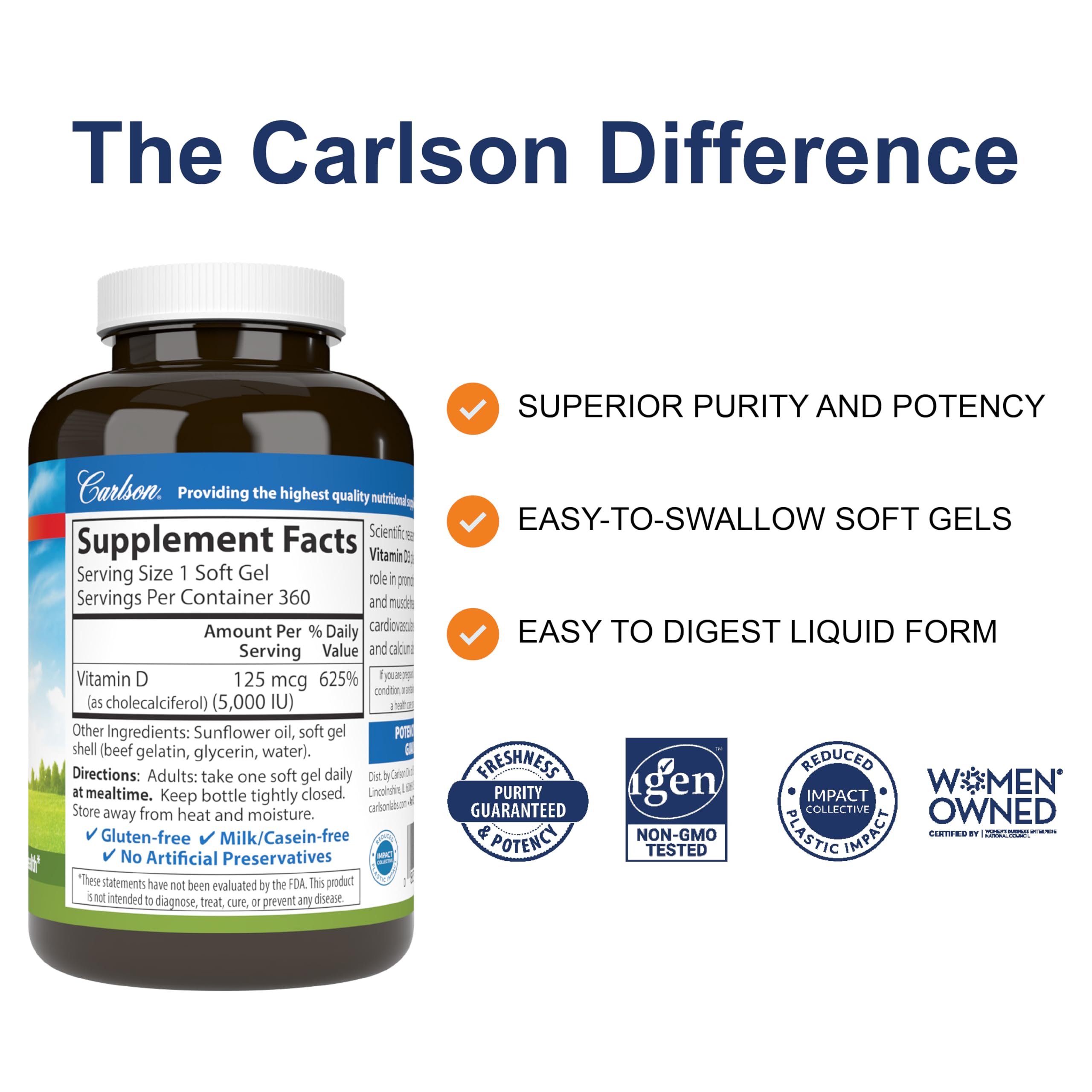 Closeup of Carlson Vitamin D3 softgels highlighting the smooth, easy-to-swallow capsule.