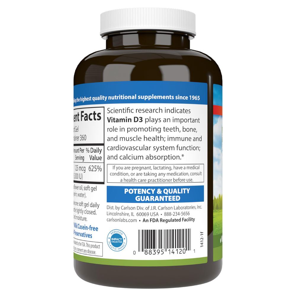 Softgel tray showing Carlson Vitamin D3 capsules ready for daily intake.