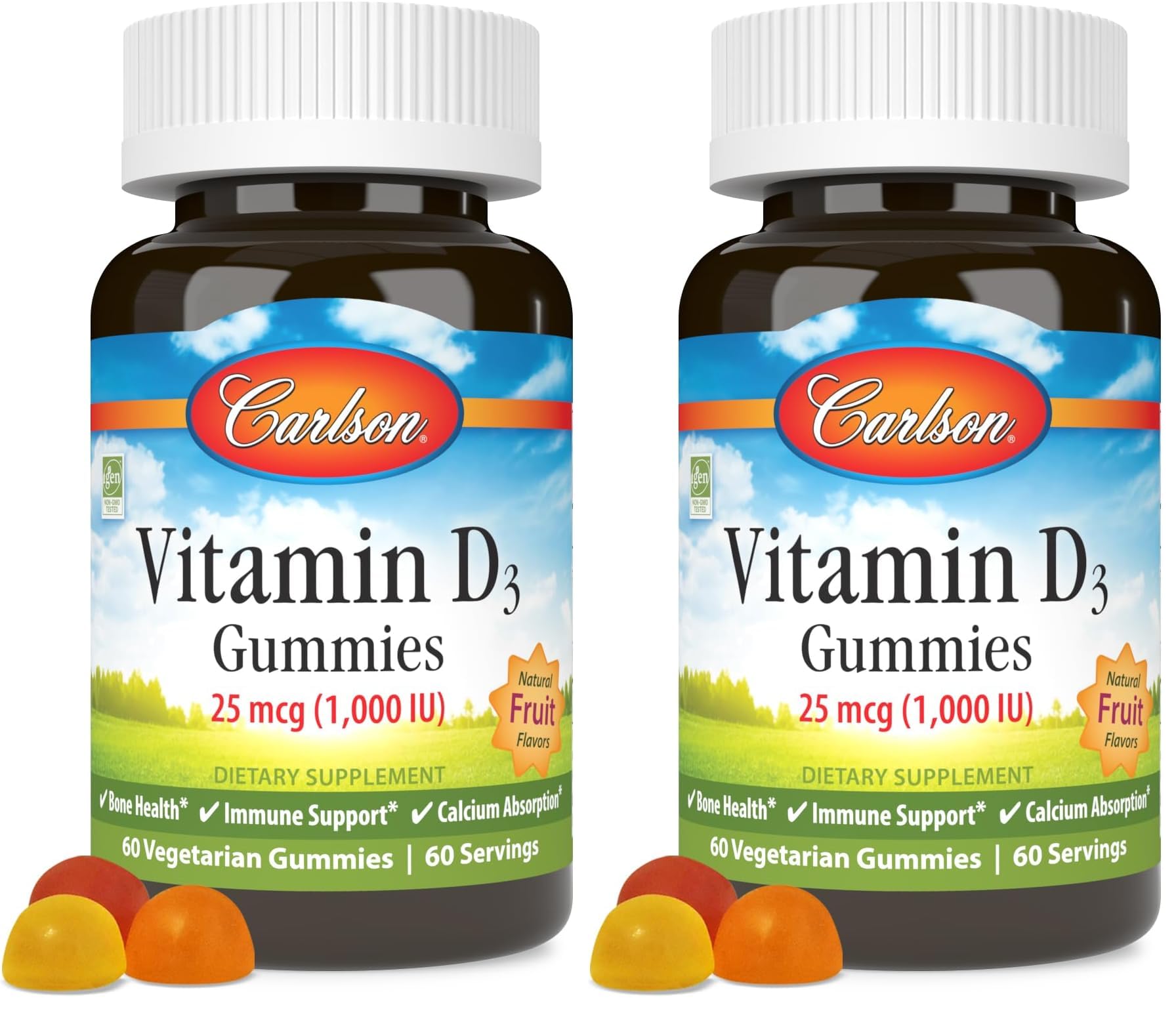 Carlson Vitamin D3 Gummies bottle front shows 1000 IU per gummy for bone health