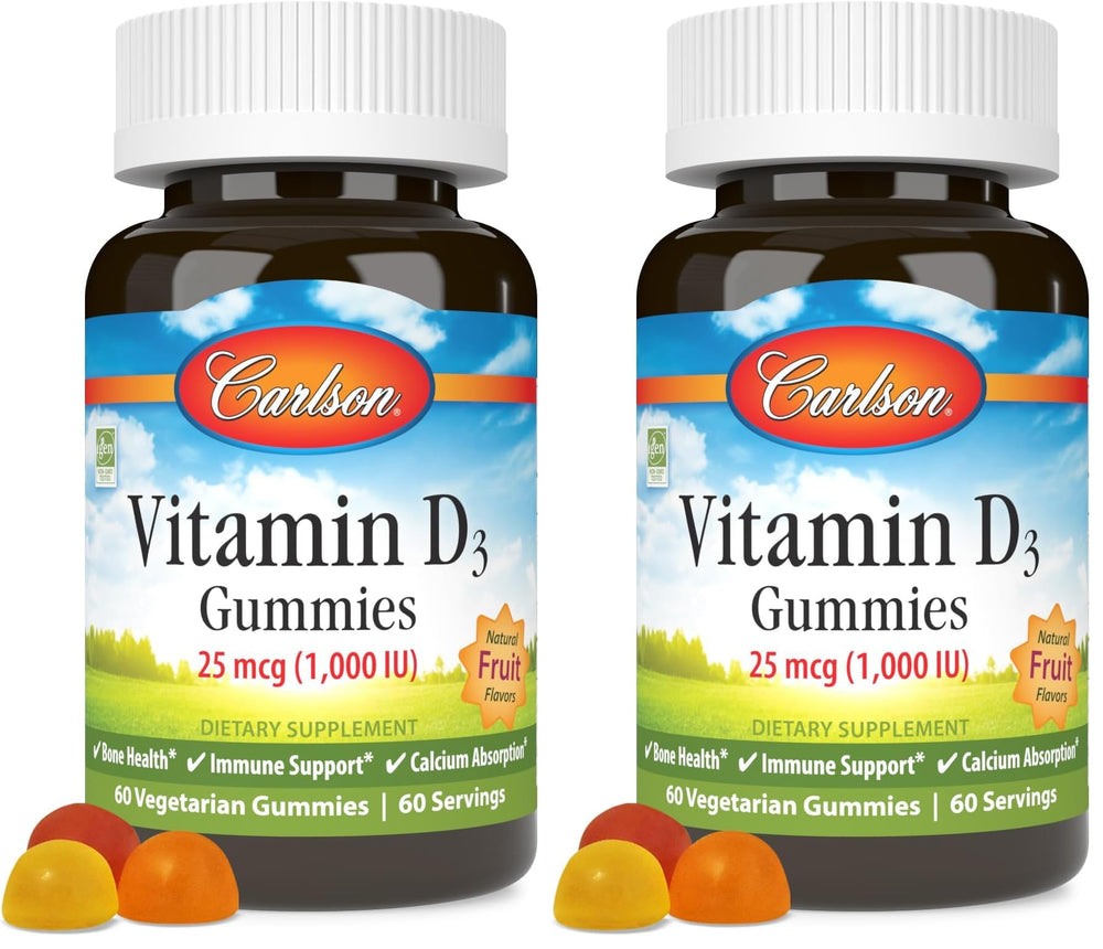 Carlson Vitamin D3 Gummies bottle front shows 1000 IU per gummy for bone health