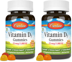 Carlson Vitamin D3 Gummies bottle front shows 1000 IU per gummy for bone health
