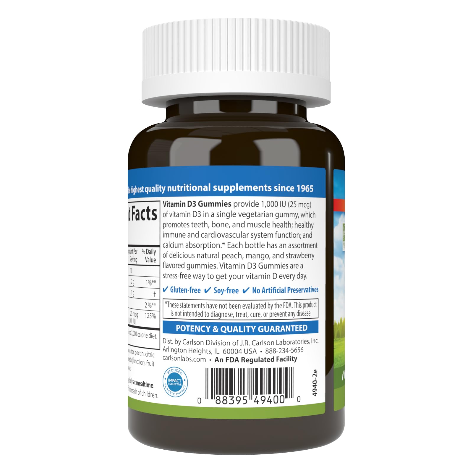 Label on Carlson Vitamin D3 Gummies emphasizes no artificial colors