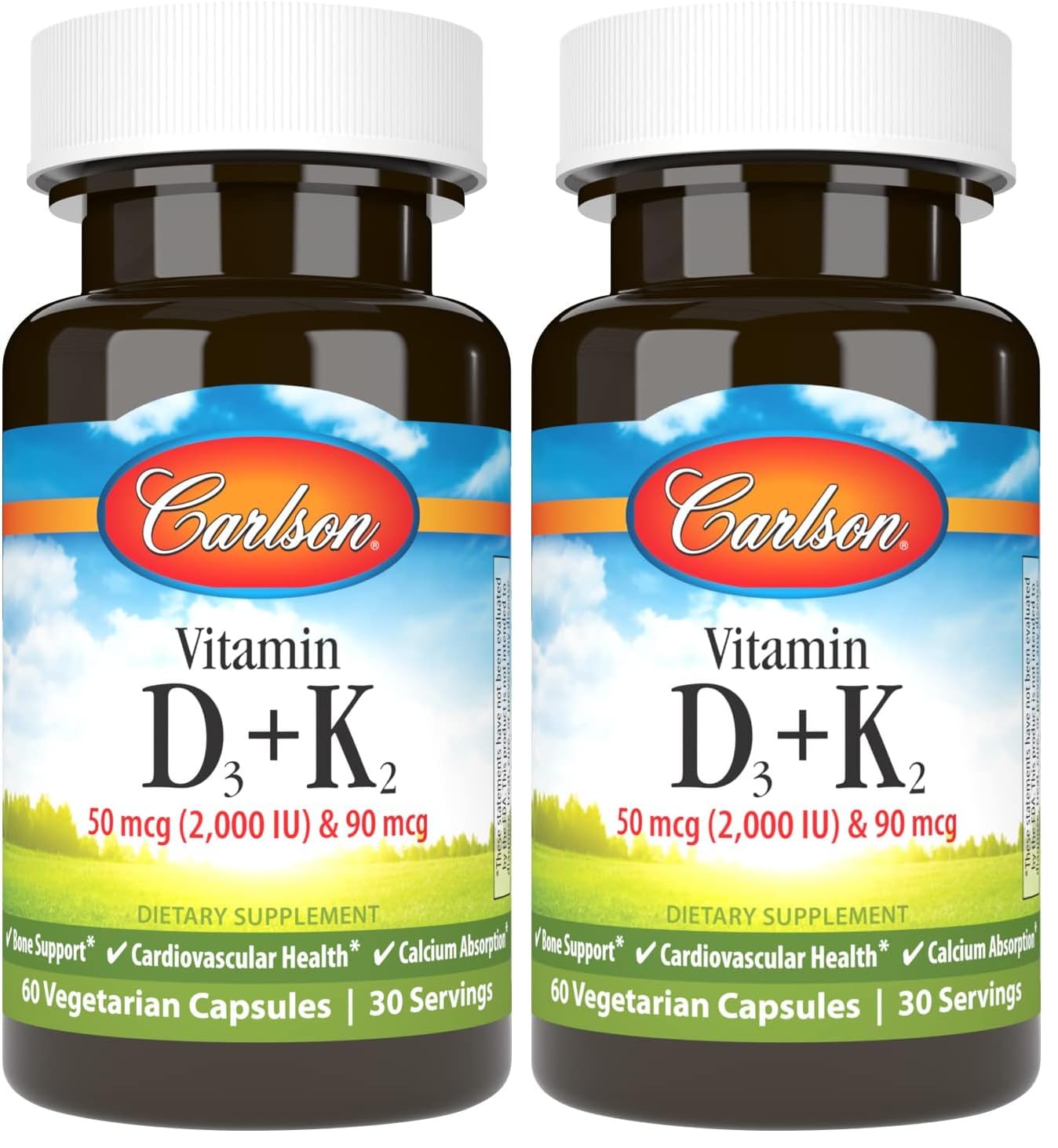 Carlson D3 + K2 bottle front highlighting 2000 IU D3 and 90 mcg MK-7 for bone support.