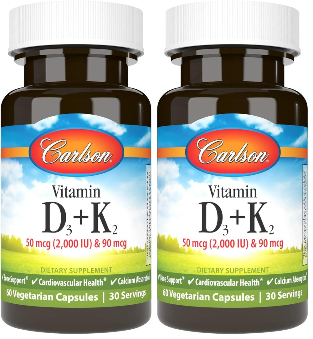 Carlson D3 + K2 bottle front highlighting 2000 IU D3 and 90 mcg MK-7 for bone support.