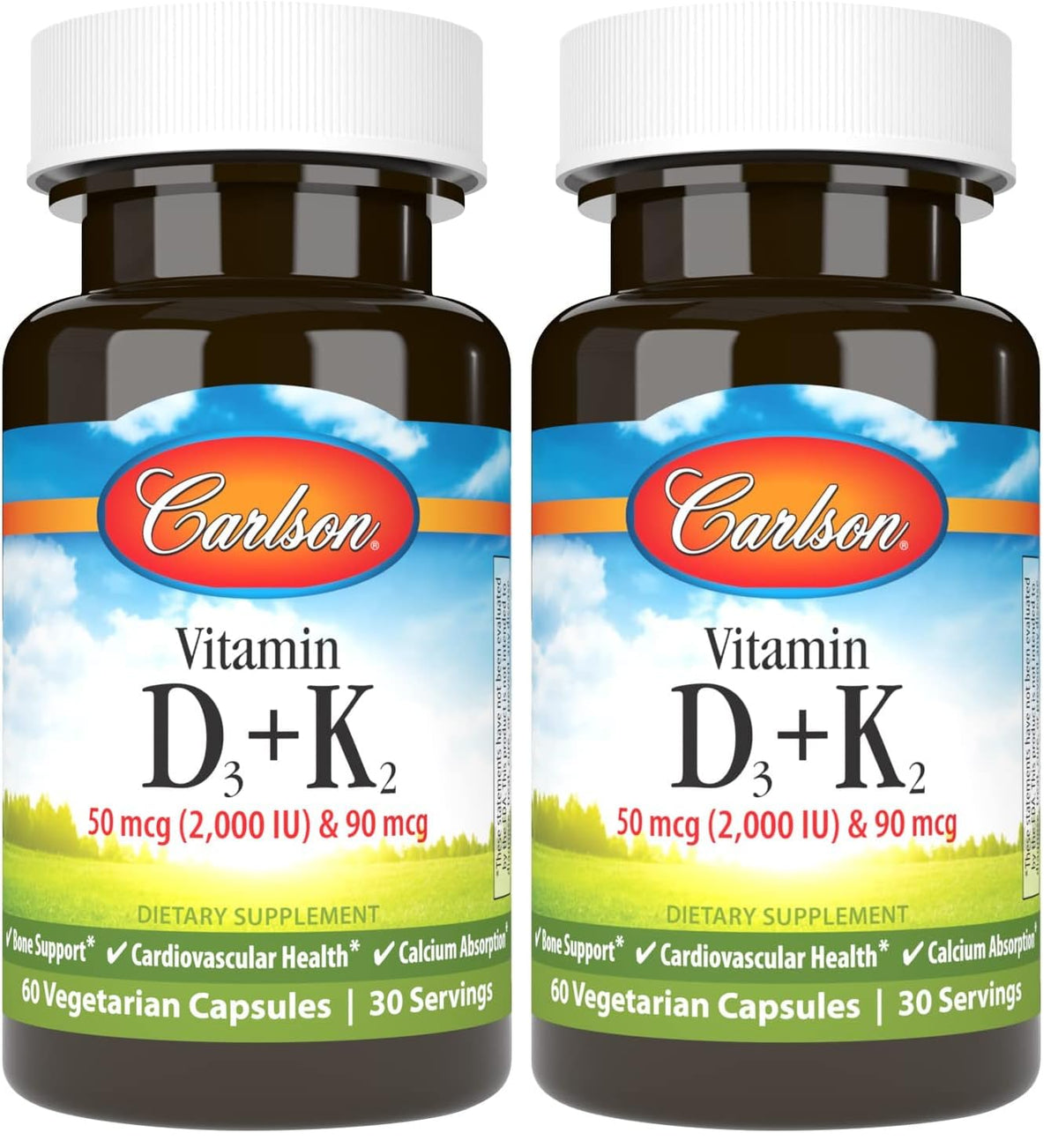 Carlson D3 + K2 bottle front highlighting 2000 IU D3 and 90 mcg MK-7 for bone support.