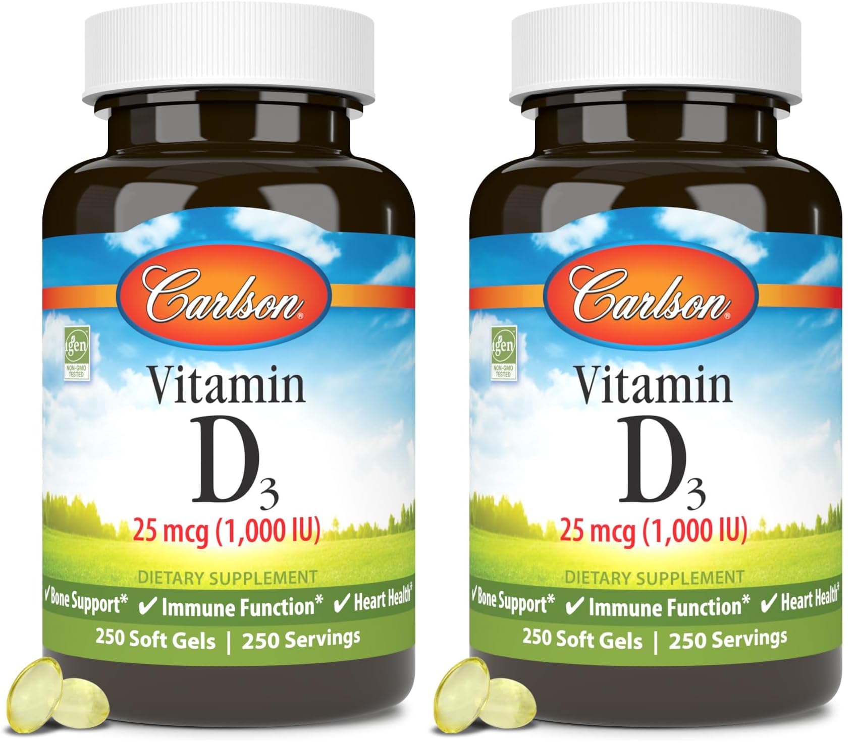 Carlson Vitamin D3 softgels bottle front showing branding and daily bone support.