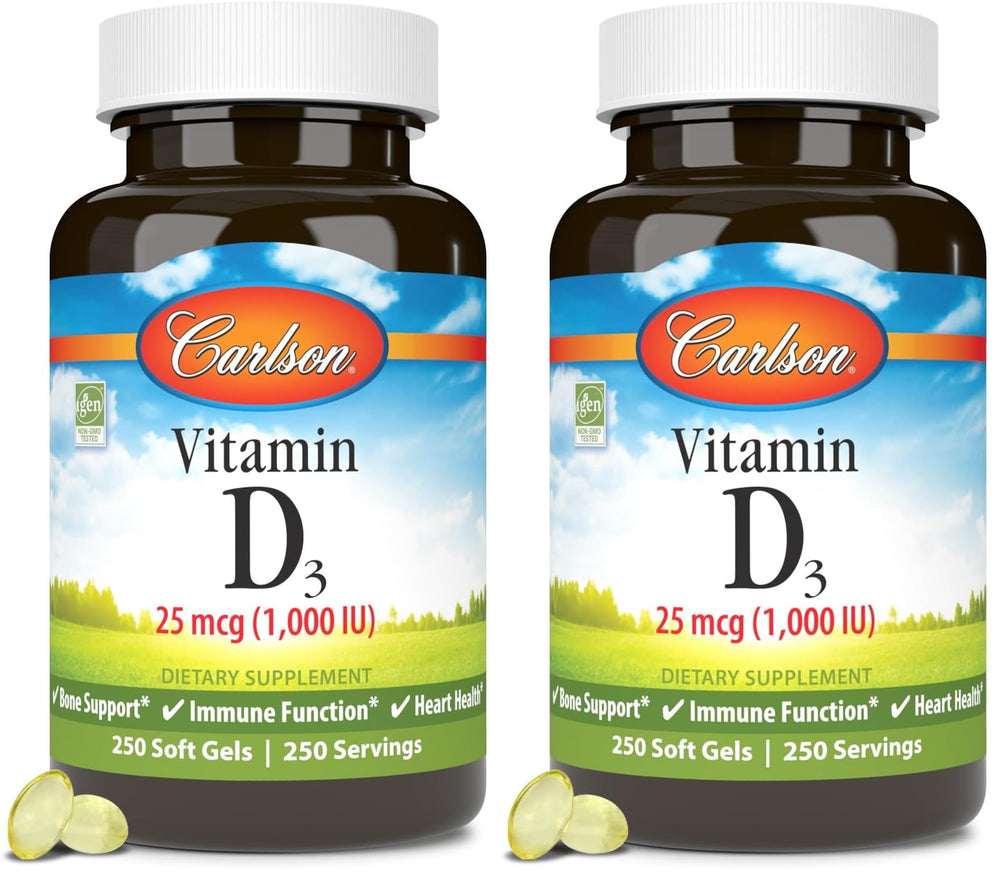 Carlson Vitamin D3 softgels bottle front showing branding and daily bone support.