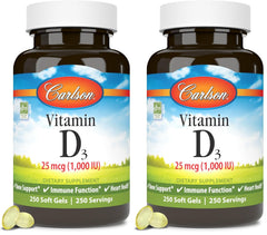 Carlson Vitamin D3 softgels bottle front showing branding and daily bone support.