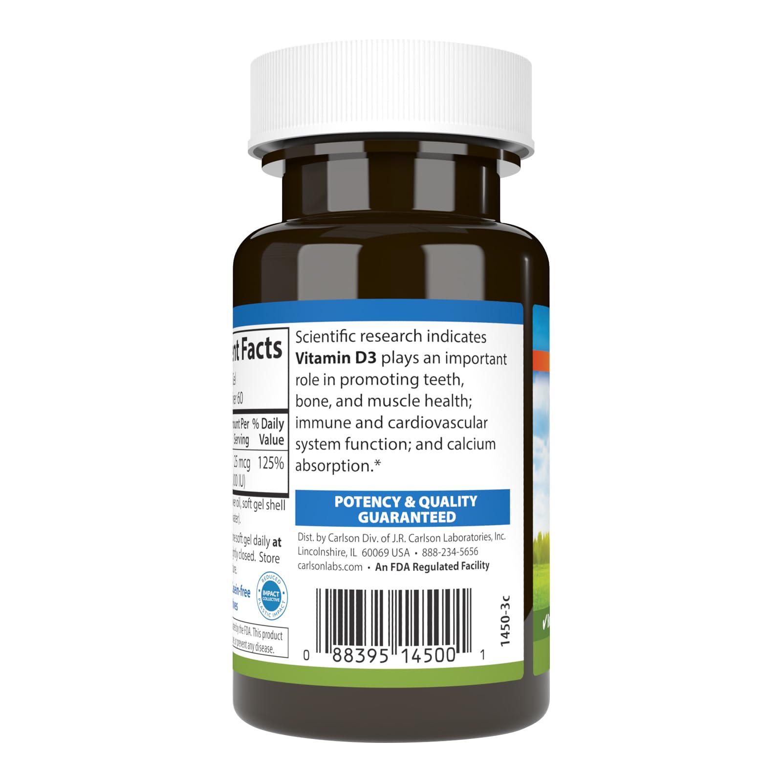 Carlson Vitamin D3 softgels inside bottle ready for daily use.